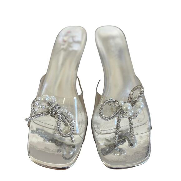 Y2K VTG. SILVER PEARL RHINESTONE CLEAR KITTEN HEEL SANDALS SZ. 9  WILD DIVA - Picture 2 of 8